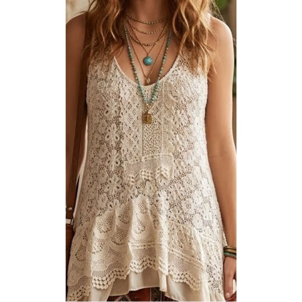 Johnny Was Ivory Boho Crocheted Open Lace Asymmetrical Ruffled Hem Top Size M